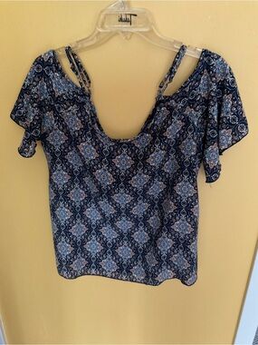 Moon Kiss - Navy Printed Cold-Shoulder Women's Blouse